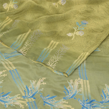 Sanskriti Vintage Sarees Green Pure Crepe Silk Printed Sari 5yd Craft Fabric