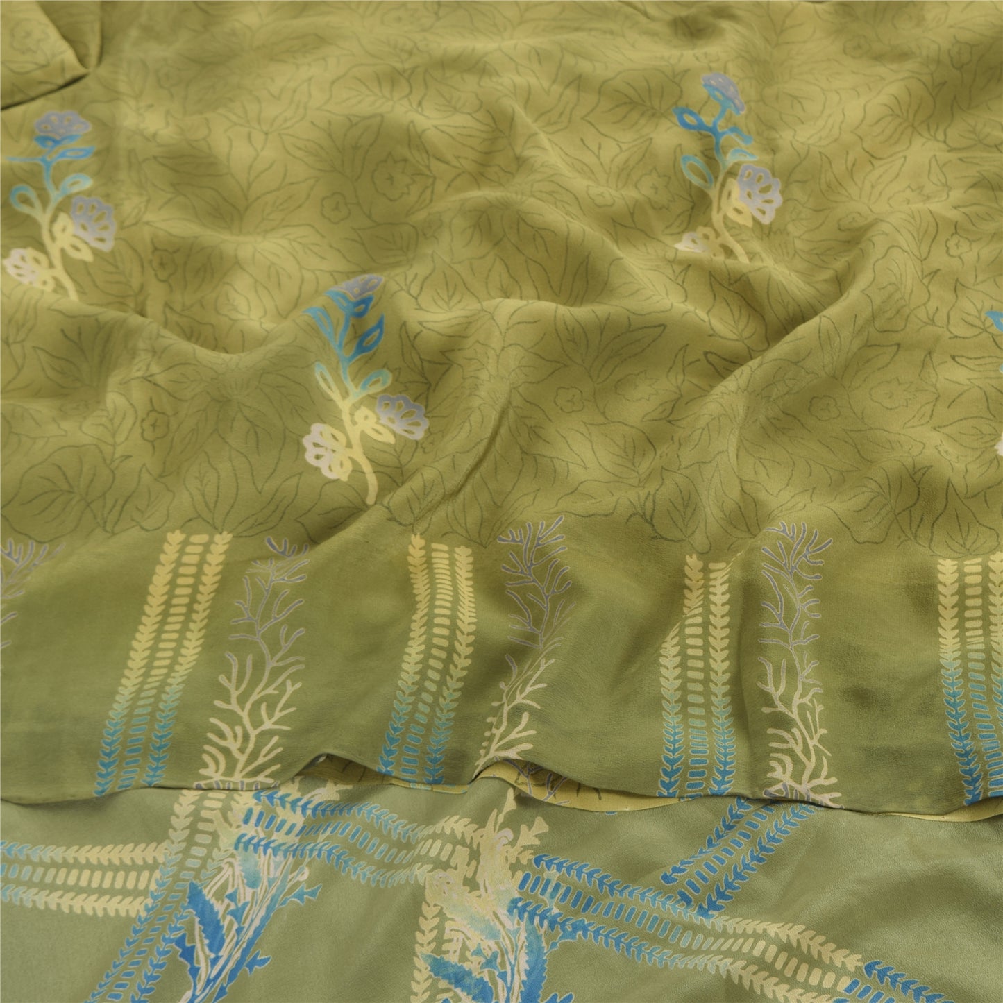 Sanskriti Vintage Sarees Green Pure Crepe Silk Printed Sari 5yd Craft Fabric