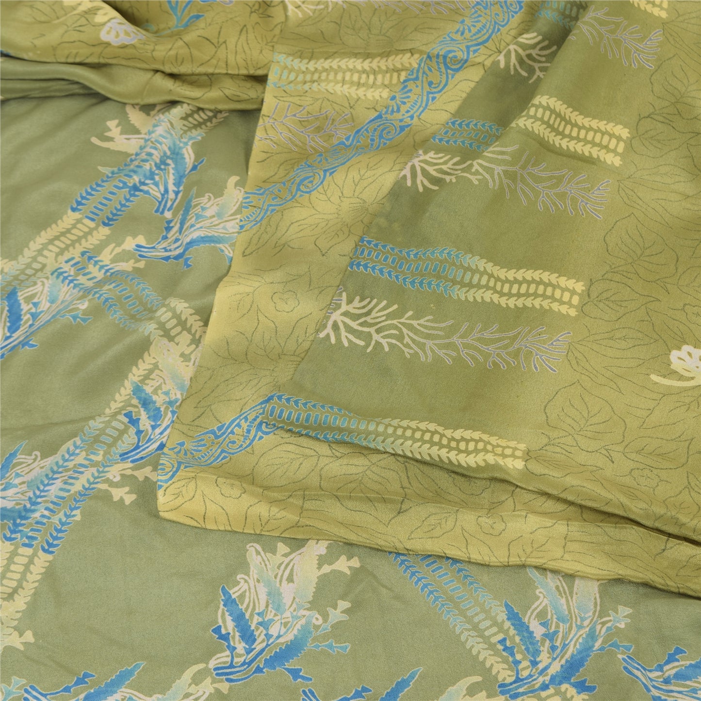 Sanskriti Vintage Sarees Green Pure Crepe Silk Printed Sari 5yd Craft Fabric