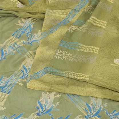 Sanskriti Vintage Sarees Green Pure Crepe Silk Printed Sari 5yd Craft Fabric