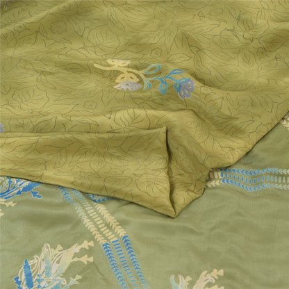 Sanskriti Vintage Sarees Green Pure Crepe Silk Printed Sari 5yd Craft Fabric