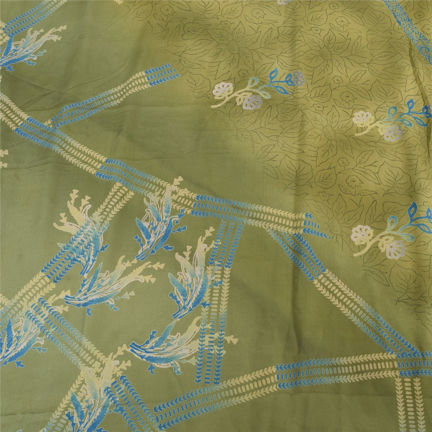 Sanskriti Vintage Sarees Green Pure Crepe Silk Printed Sari 5yd Craft Fabric