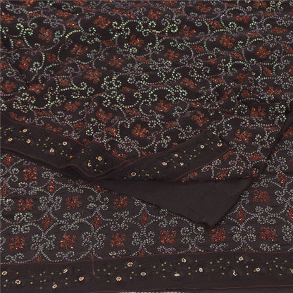 Sanskriti Vintage Sarees Brown Hand Beaded Pure Crepe Silk Sari 5yd Craft Fabric