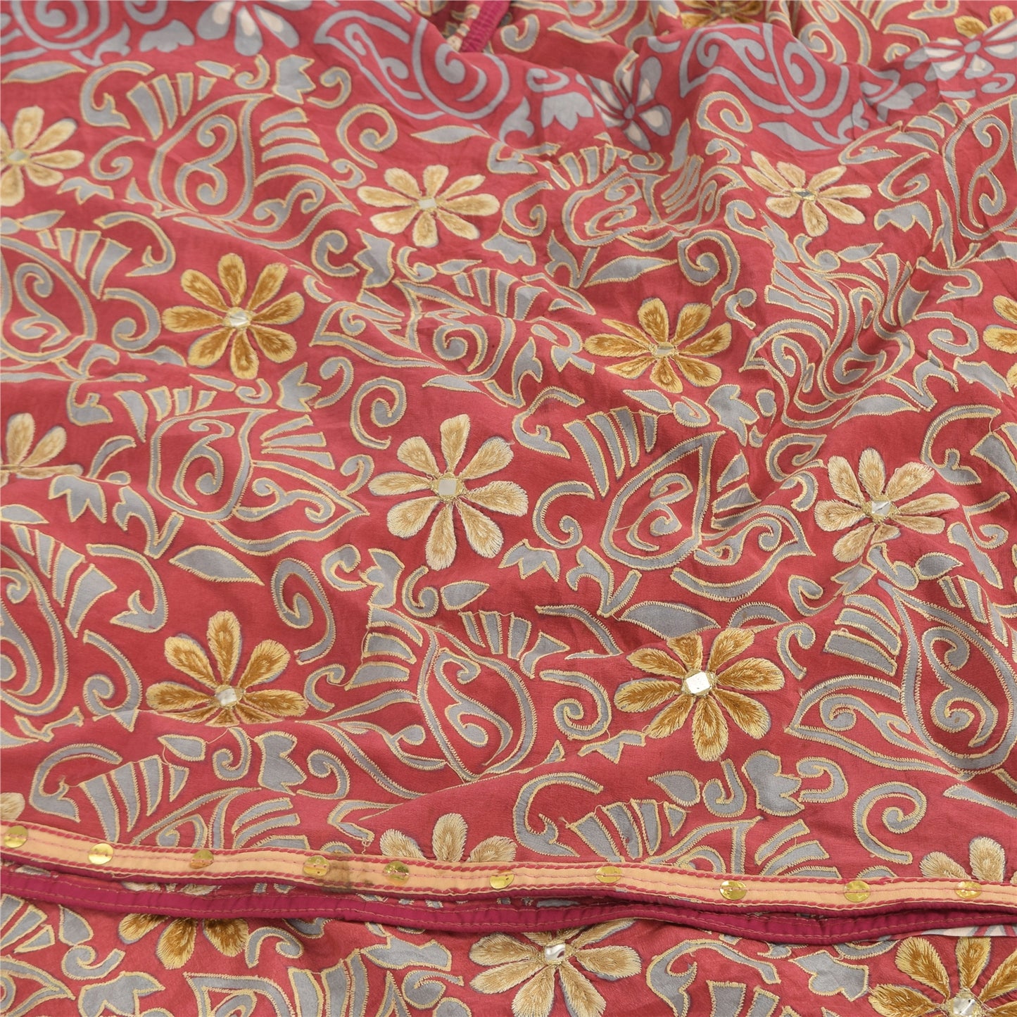 Sanskriti Vintage Sarees Pink 100% Pure Crepe Silk Printed Sari 5yd Craft Fabric