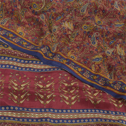 Sanskriti Vintage Sarees Dark Red Pure Crepe Silk Printed Sari 5yd Craft Fabric