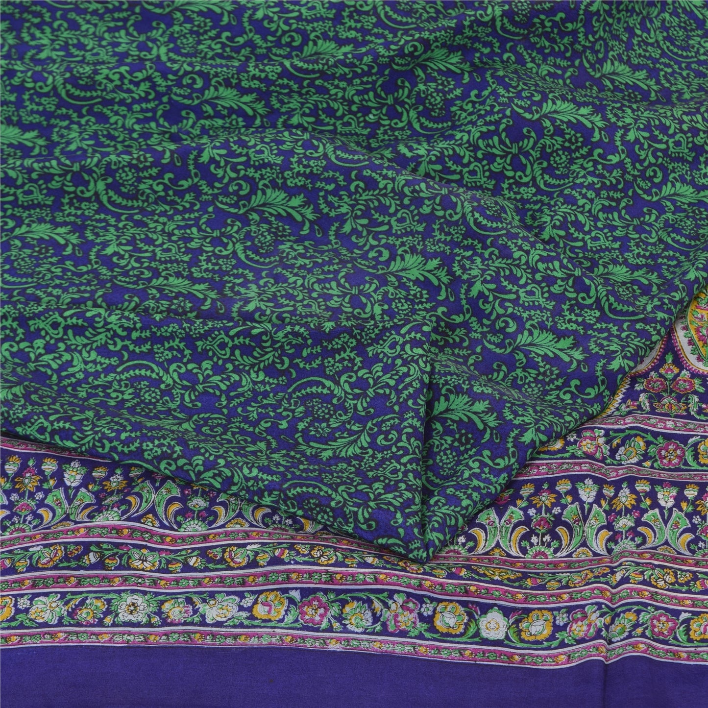 Sanskriti Vintage Sarees Green/Blue Pure Crepe Silk Print Sari 5yd Craft Fabric