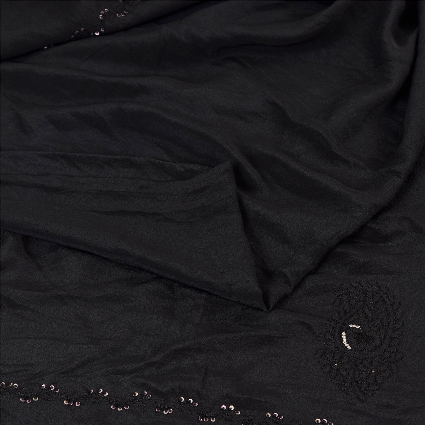 Sanskriti Vintage Sarees Black Embroidered Pure Crepe Silk Sari 5yd Craft Fabric