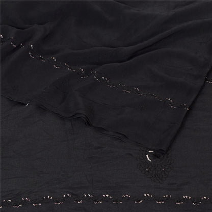 Sanskriti Vintage Sarees Black Embroidered Pure Crepe Silk Sari 5yd Craft Fabric