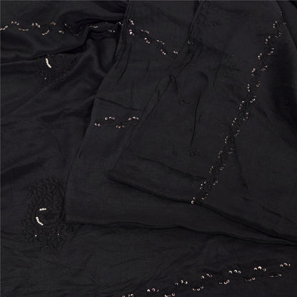 Sanskriti Vintage Sarees Black Embroidered Pure Crepe Silk Sari 5yd Craft Fabric