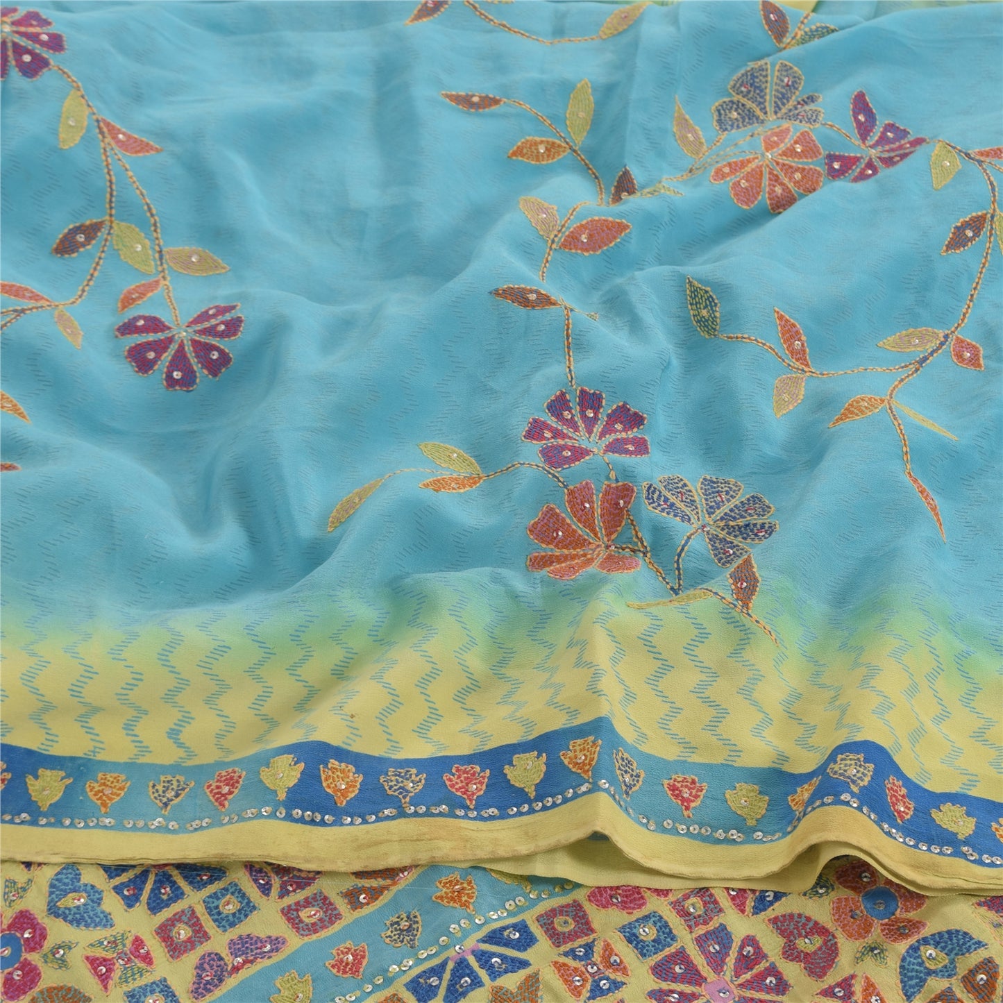 Sanskriti Vintage Sarees Blue 100% Pure Crepe Silk Printed Sari 5yd Craft Fabric