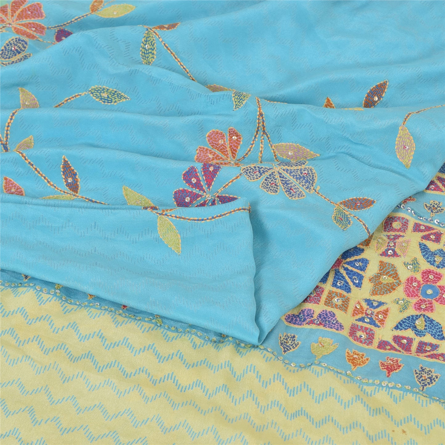 Sanskriti Vintage Sarees Blue 100% Pure Crepe Silk Printed Sari 5yd Craft Fabric