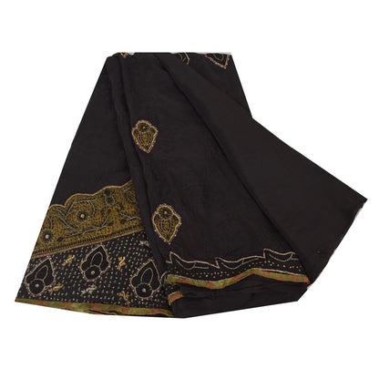 Sanskriti Vintage Sarees Black Hand Beaded Woven Pure Crepe Sari 6yd CraftFabric