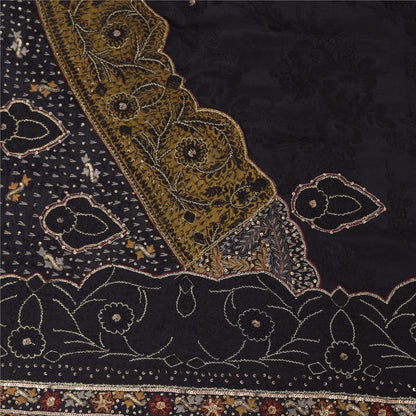 Sanskriti Vintage Sarees Black Hand Beaded Woven Pure Crepe Sari 6yd CraftFabric