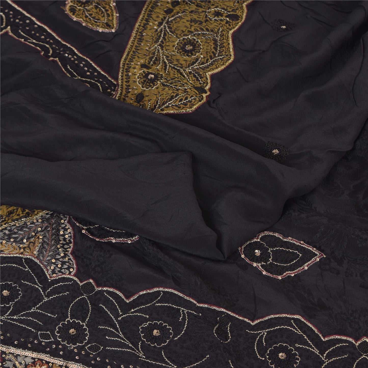 Sanskriti Vintage Sarees Black Hand Beaded Woven Pure Crepe Sari 6yd CraftFabric