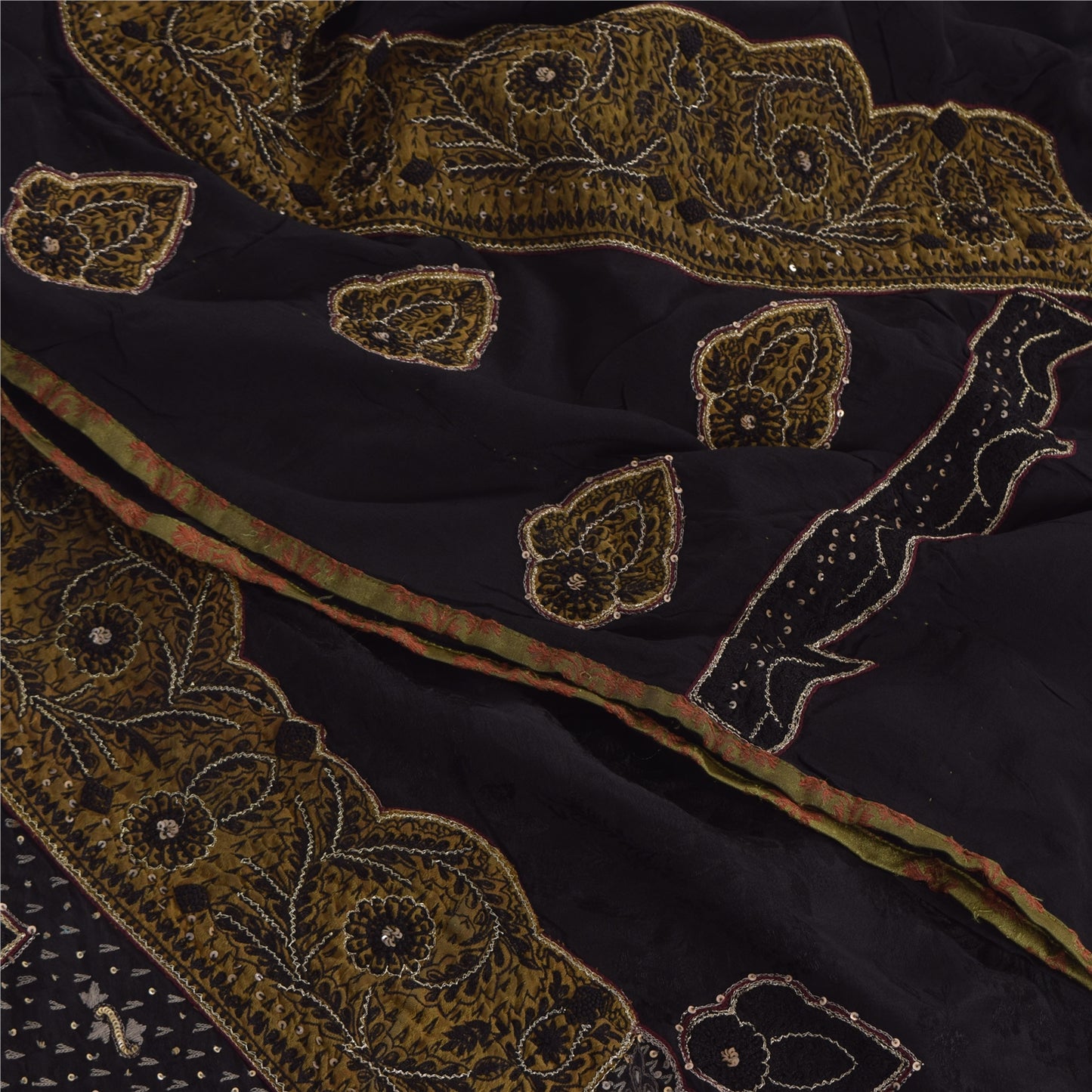 Sanskriti Vintage Sarees Black Hand Beaded Woven Pure Crepe Sari 6yd CraftFabric