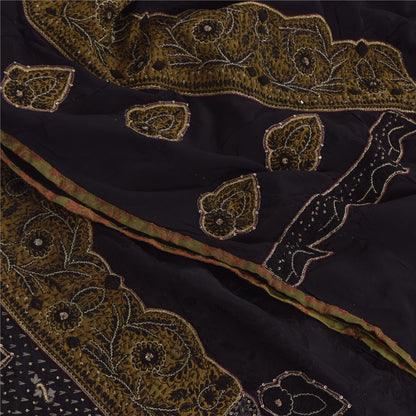 Sanskriti Vintage Sarees Black Hand Beaded Woven Pure Crepe Sari 6yd CraftFabric