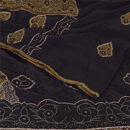 Sanskriti Vintage Sarees Black Hand Beaded Woven Pure Crepe Sari 6yd CraftFabric