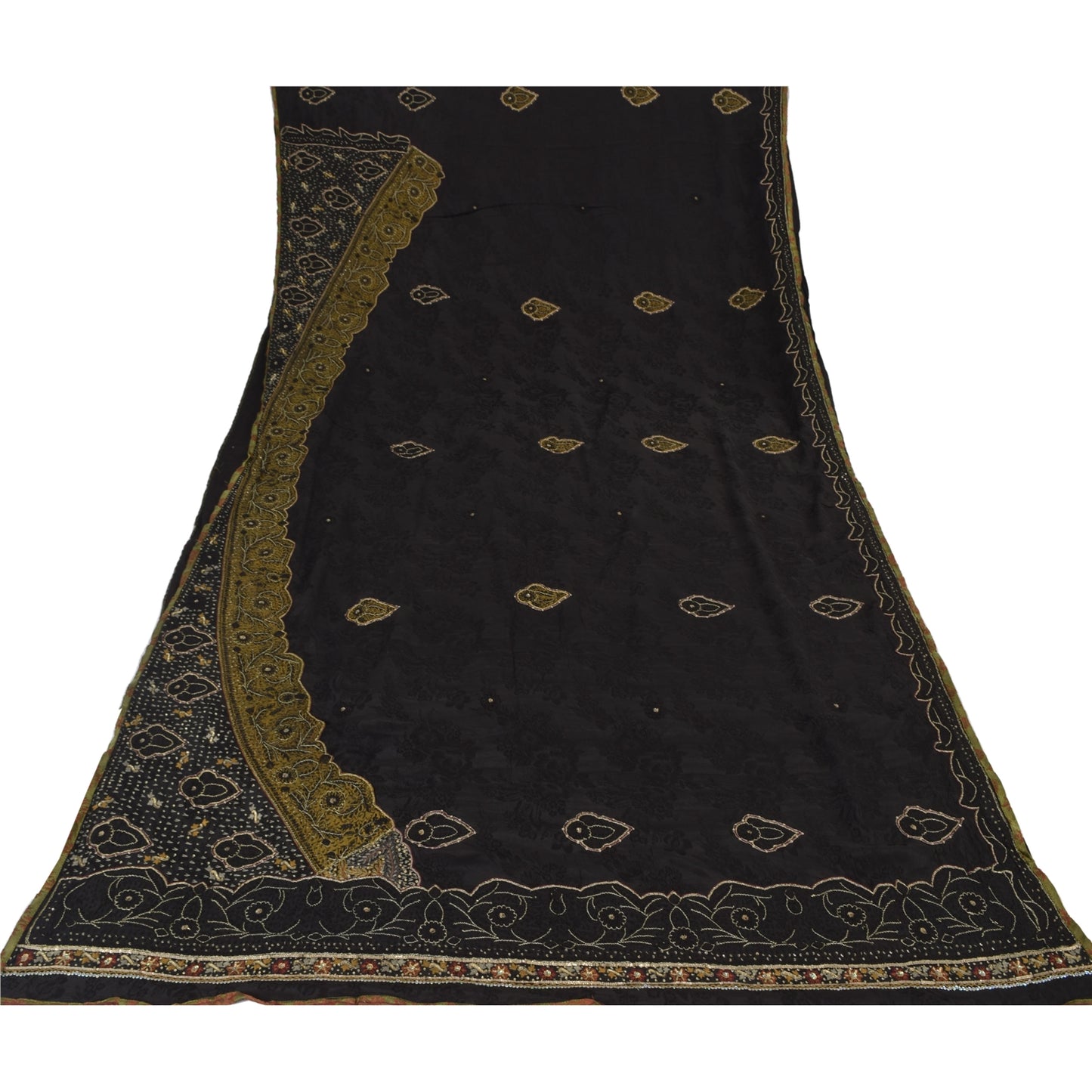 Sanskriti Vintage Sarees Black Hand Beaded Woven Pure Crepe Sari 6yd CraftFabric