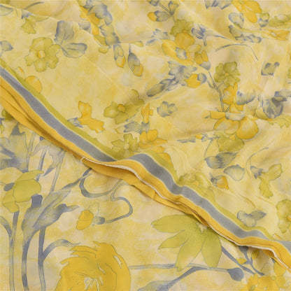 Sanskriti Vintage Sarees Pale-Yellow Pure Crepe Silk Print Sari 5yd Craft Fabric