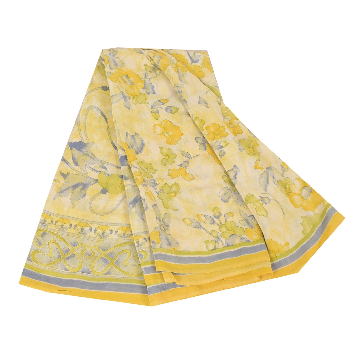 Sanskriti Vintage Sarees Pale-Yellow Pure Crepe Silk Print Sari 5yd Craft Fabric