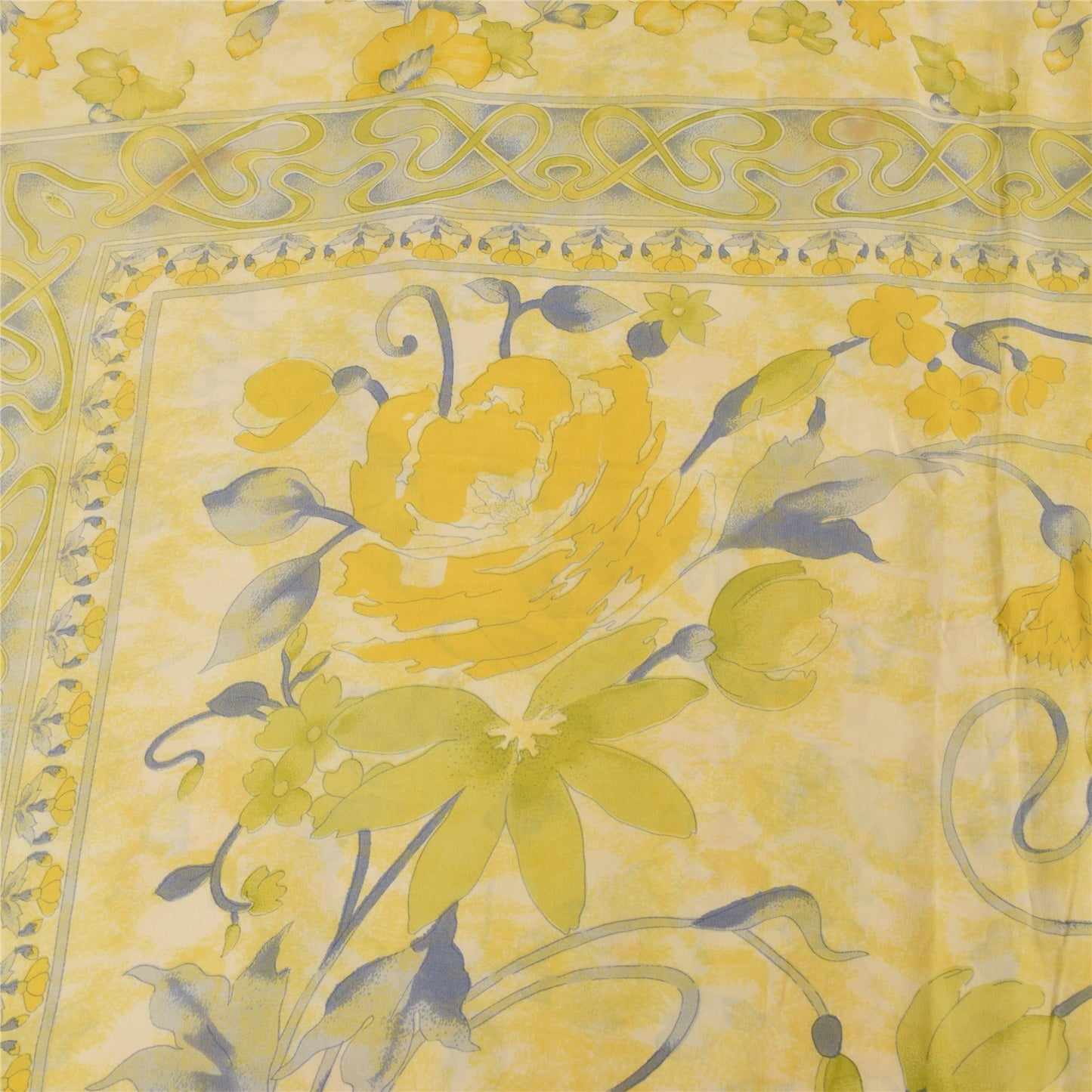 Sanskriti Vintage Sarees Pale-Yellow Pure Crepe Silk Print Sari 5yd Craft Fabric