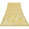 Sanskriti Vintage Sarees Pale-Yellow Pure Crepe Silk Print Sari 5yd Craft Fabric