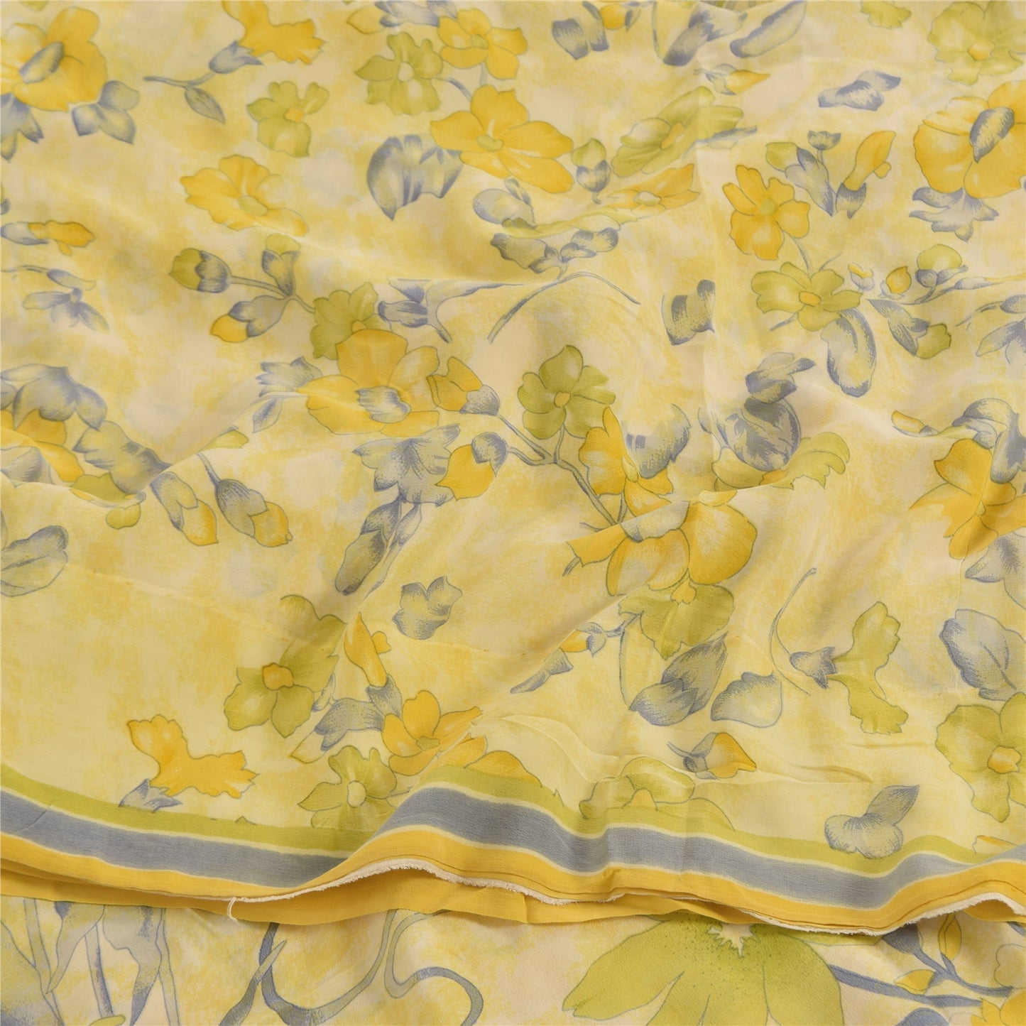 Sanskriti Vintage Sarees Pale-Yellow Pure Crepe Silk Print Sari 5yd Craft Fabric