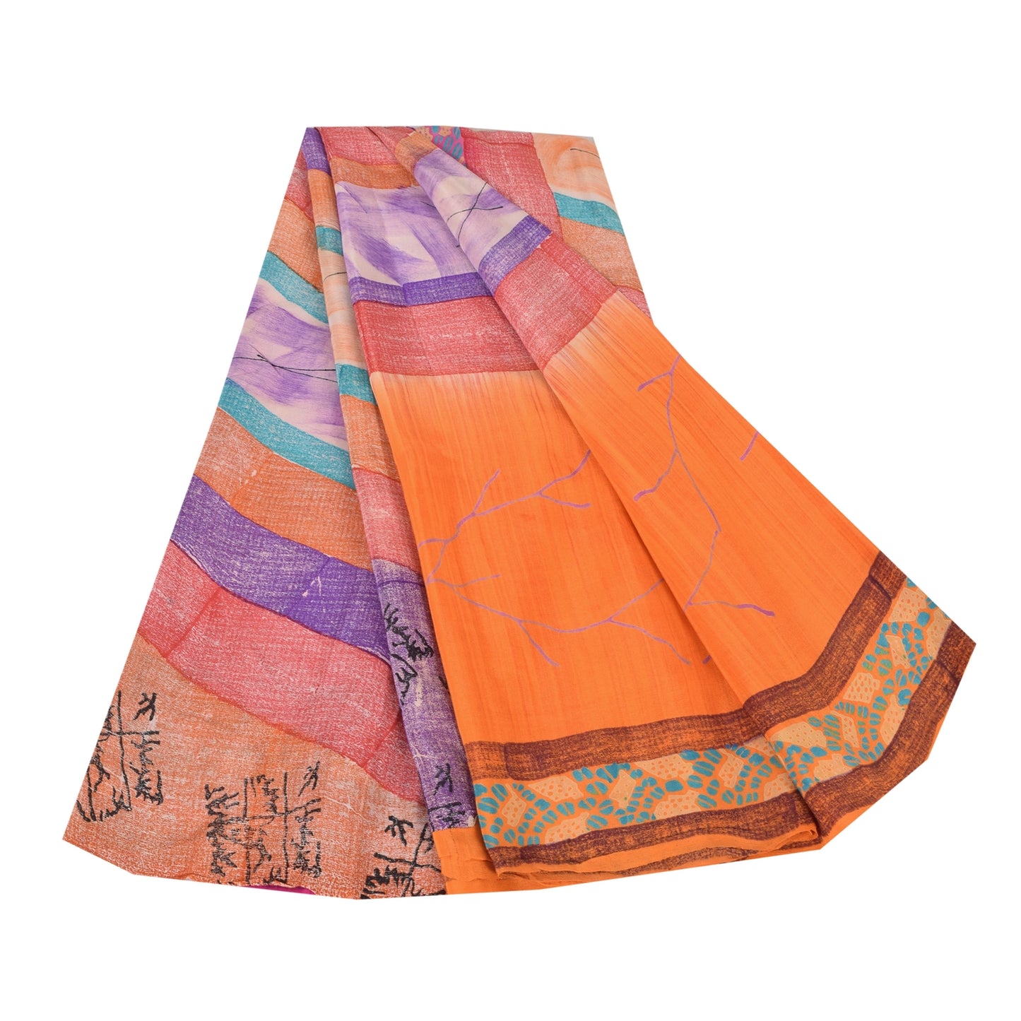 Sanskriti Vintage Sarees Multi 100%Pure Crepe Silk Printed Sari 5yd Craft Fabric