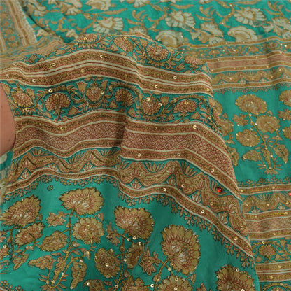 Sanskriti Vintage Sarees Green Embroidered Pure Crepe Silk Print Sari 5yd Fabric