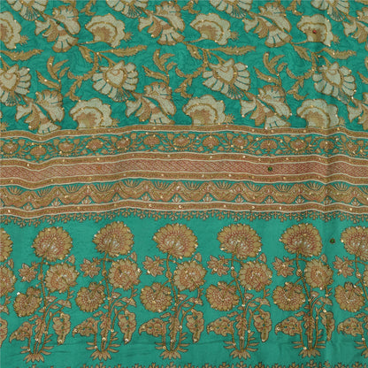 Sanskriti Vintage Sarees Green Embroidered Pure Crepe Silk Print Sari 5yd Fabric