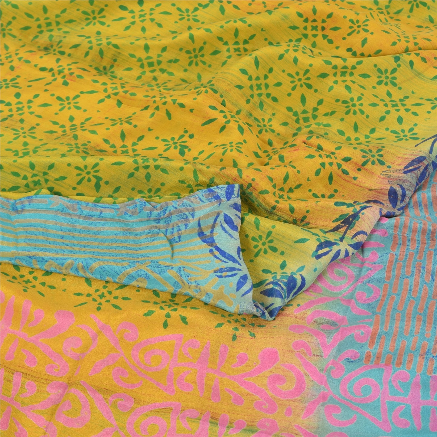 Sanskriti Vintage Sarees Blue/Green Pure Crepe Silk Print Sari 5yd Craft Fabric