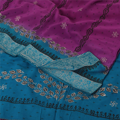 Sanskriti Vintage Sarees Purple/Blue Pure Crepe Print Paint Sari Craft Fabric