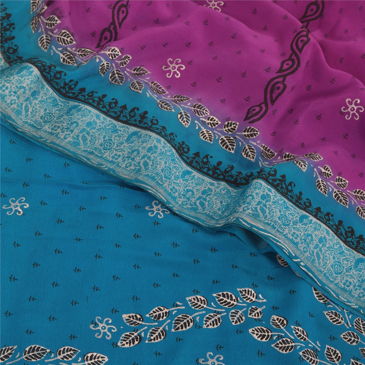 Sanskriti Vintage Sarees Purple/Blue Pure Crepe Print Paint Sari Craft Fabric