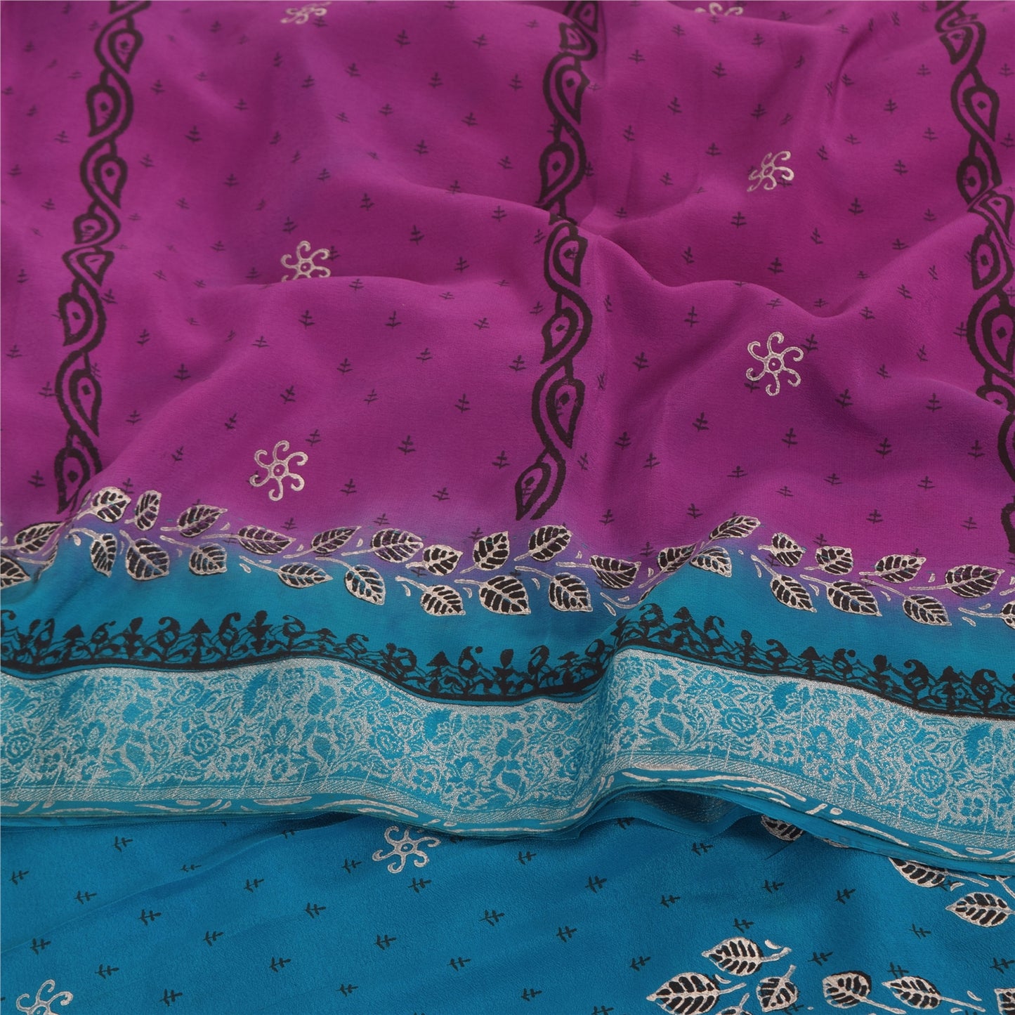 Sanskriti Vintage Sarees Purple/Blue Pure Crepe Print Paint Sari Craft Fabric