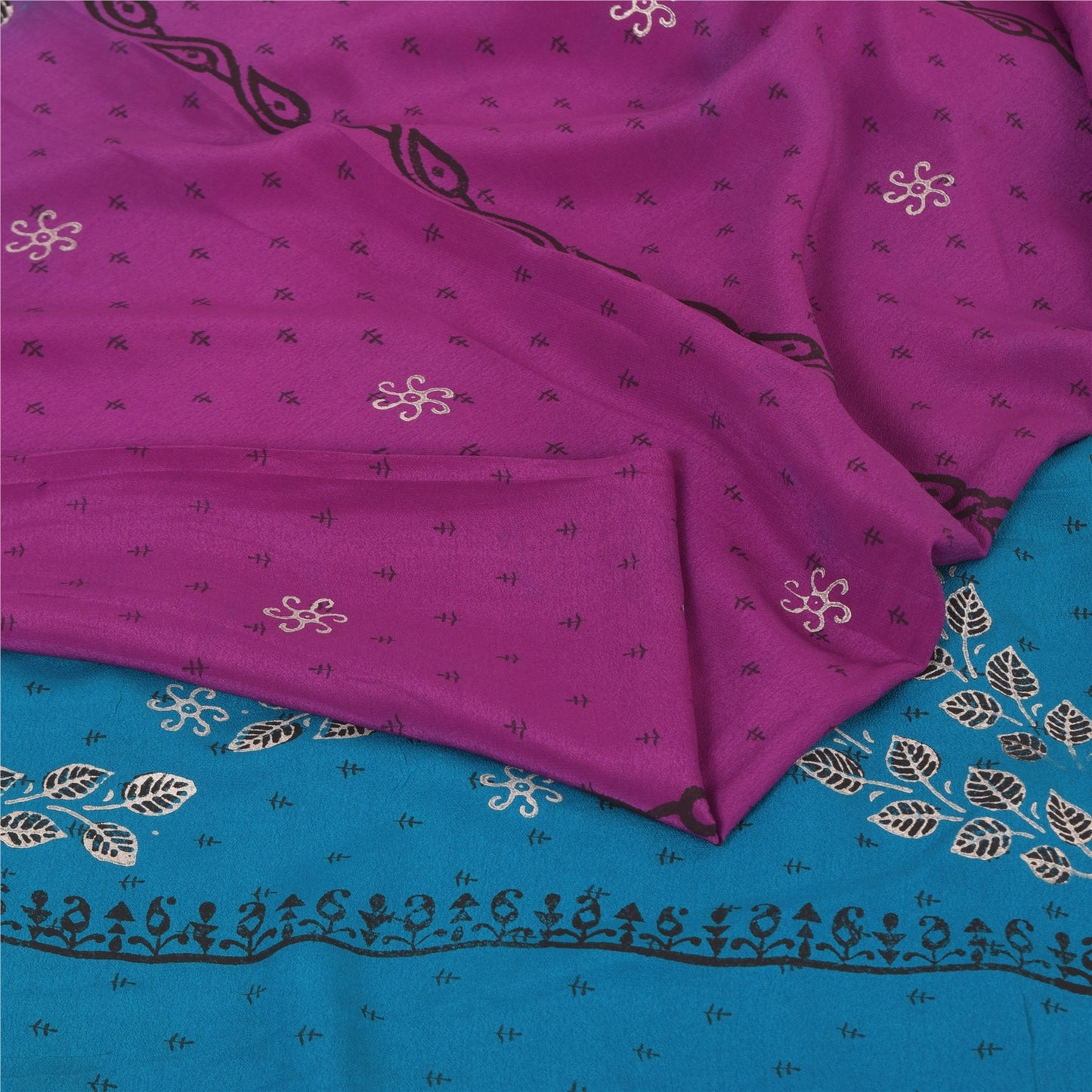 Sanskriti Vintage Sarees Purple/Blue Pure Crepe Print Paint Sari Craft Fabric