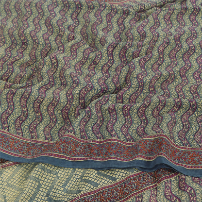 Sanskriti Vintage Sarees Gray/Purple Pure Crepe Silk Printed Sari Craft Fabric