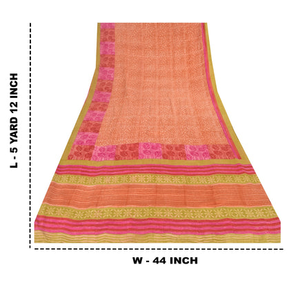 Sanskriti Vintage Sarees Orange Pure Crepe Silk Printed Sari 5yd Craft Fabric