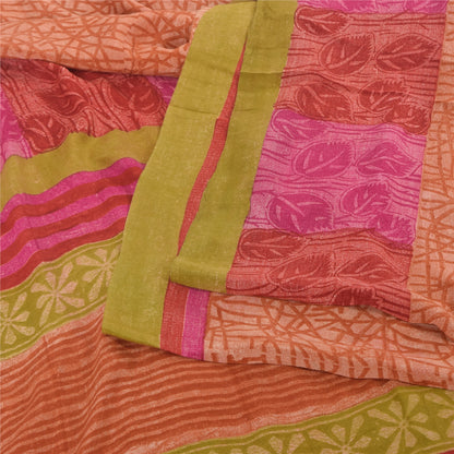 Sanskriti Vintage Sarees Orange Pure Crepe Silk Printed Sari 5yd Craft Fabric