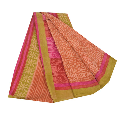 Sanskriti Vintage Sarees Orange Pure Crepe Silk Printed Sari 5yd Craft Fabric