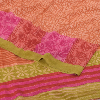 Sanskriti Vintage Sarees Orange Pure Crepe Silk Printed Sari 5yd Craft Fabric