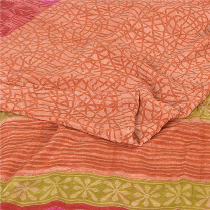 Sanskriti Vintage Sarees Orange Pure Crepe Silk Printed Sari 5yd Craft Fabric