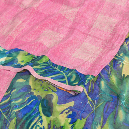 Sanskriti Vintage Sarees Pink 100% Pure Crepe Silk Printed Sari 6yd Craft Fabric