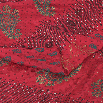 Sanskriti Vintage Sarees Red Mukesh/Sparkle Pure Crepe Printed Sari 6yd Fabric