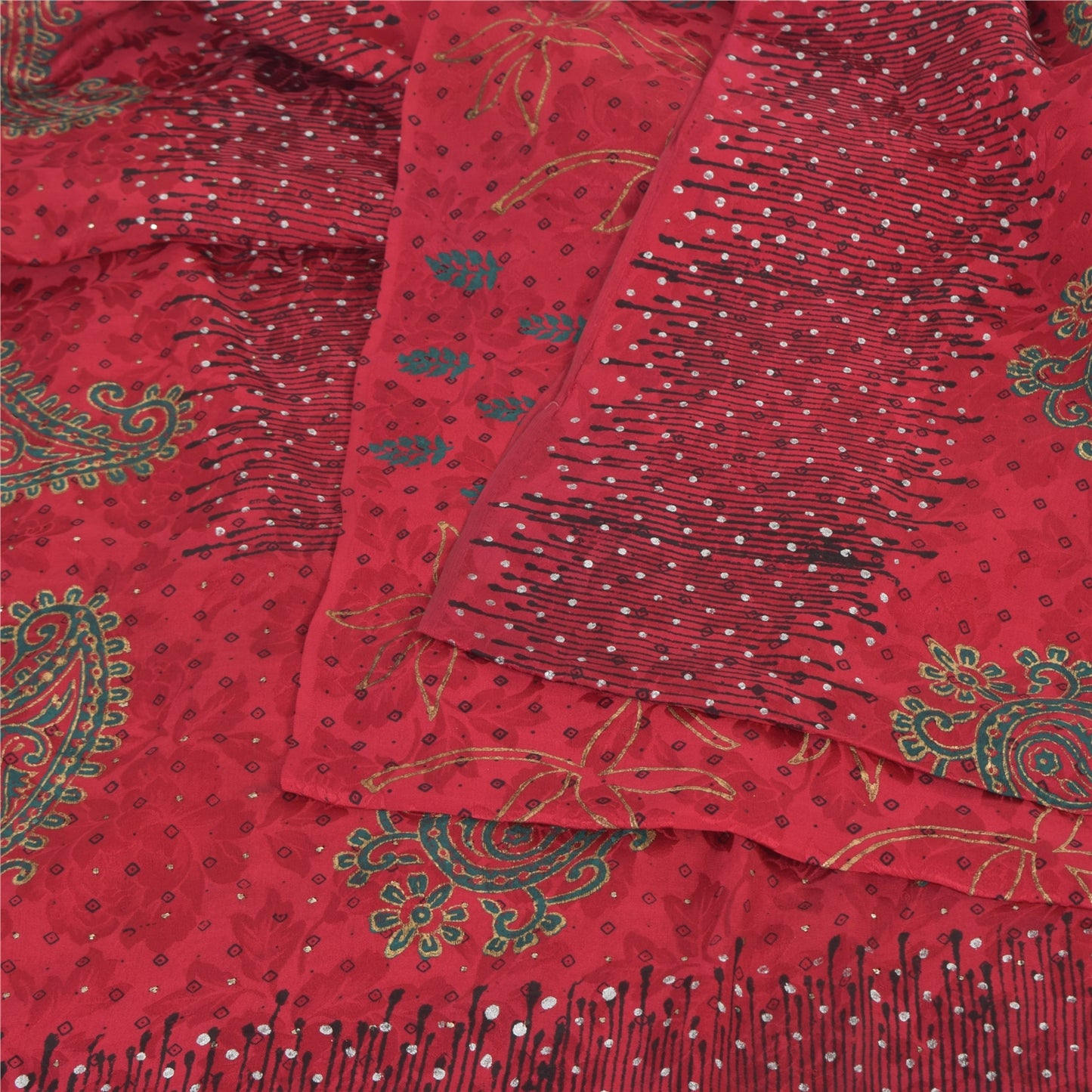 Sanskriti Vintage Sarees Red Mukesh/Sparkle Pure Crepe Printed Sari 6yd Fabric