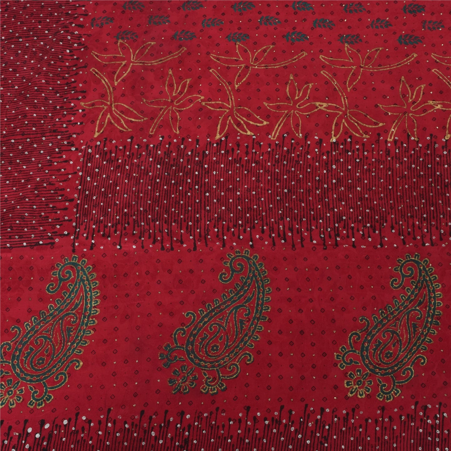 Sanskriti Vintage Sarees Red Mukesh/Sparkle Pure Crepe Printed Sari 6yd Fabric