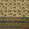 Sanskriti Vintage Sarees Cream/Green Pure Crepe Silk Print Sari 5yd Craft Fabric