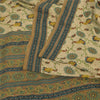 Sanskriti Vintage Sarees Cream/Green Pure Crepe Silk Print Sari 5yd Craft Fabric