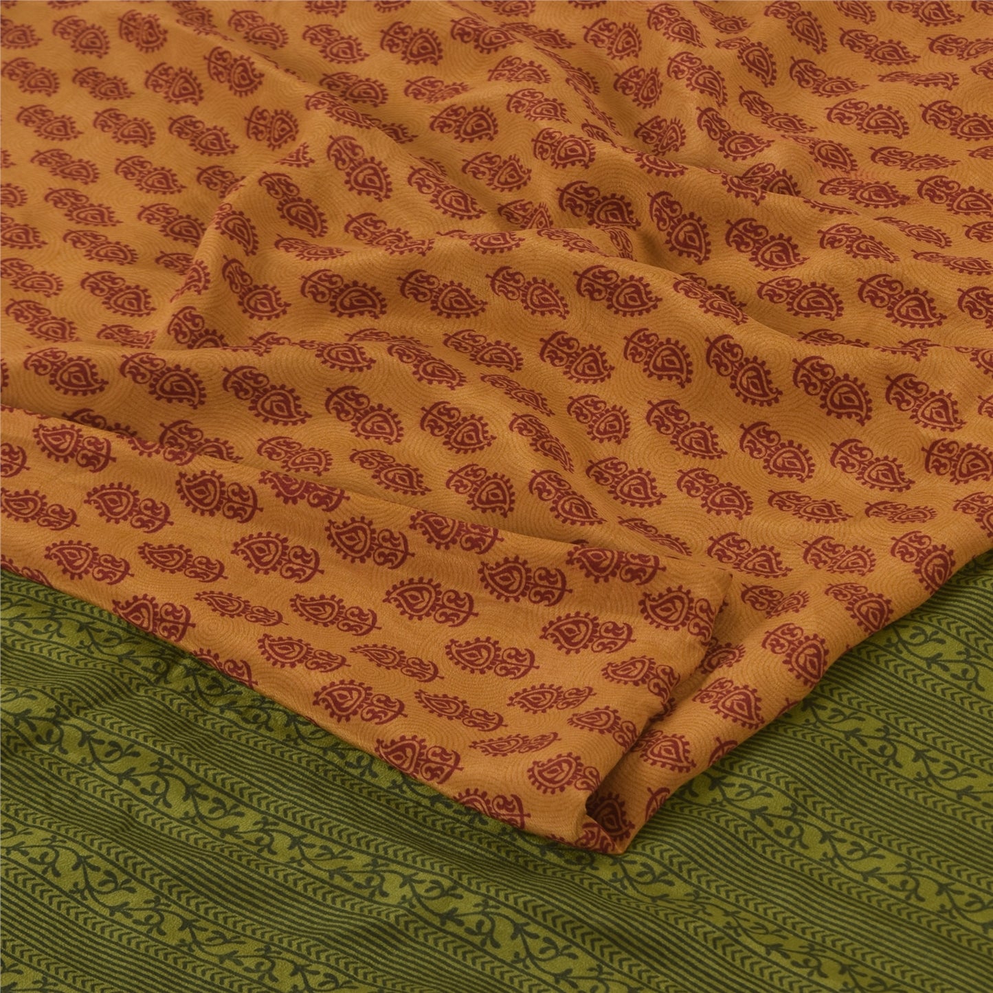 Sanskriti Vintage Sarees Orange Pure Crepe Silk Printed Sari 5yd Craft Fabric