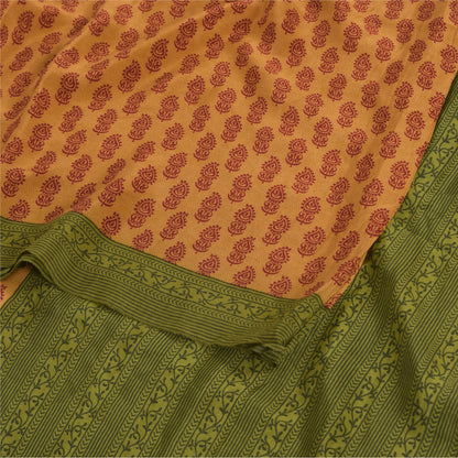 Sanskriti Vintage Sarees Orange Pure Crepe Silk Printed Sari 5yd Craft Fabric