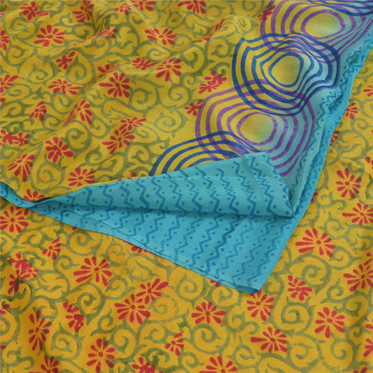 Sanskriti Vintage Sarees Blue/Green Pure Crepe Silk Print Sari 5yd Craft Fabric